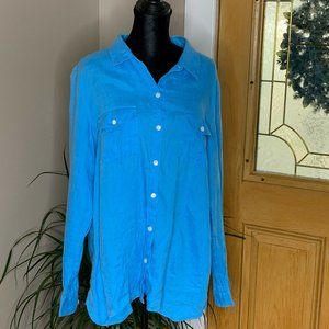 J Jill Love Linen Sz Large Collared Shirt Aqua Blue Button Up